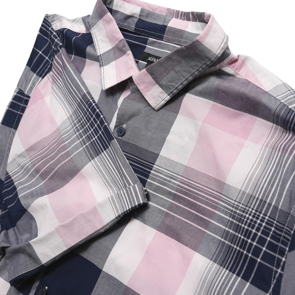 Alfani Mens XXL Pink Plaid Shirt Cotton Short‎ Sleeve Button Up Casual